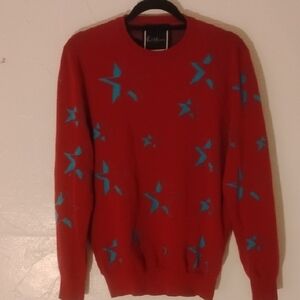 Paul Memoir Deep Red Blue Stars Men's Sweater M? Chest 42" Italy Wool Cotton